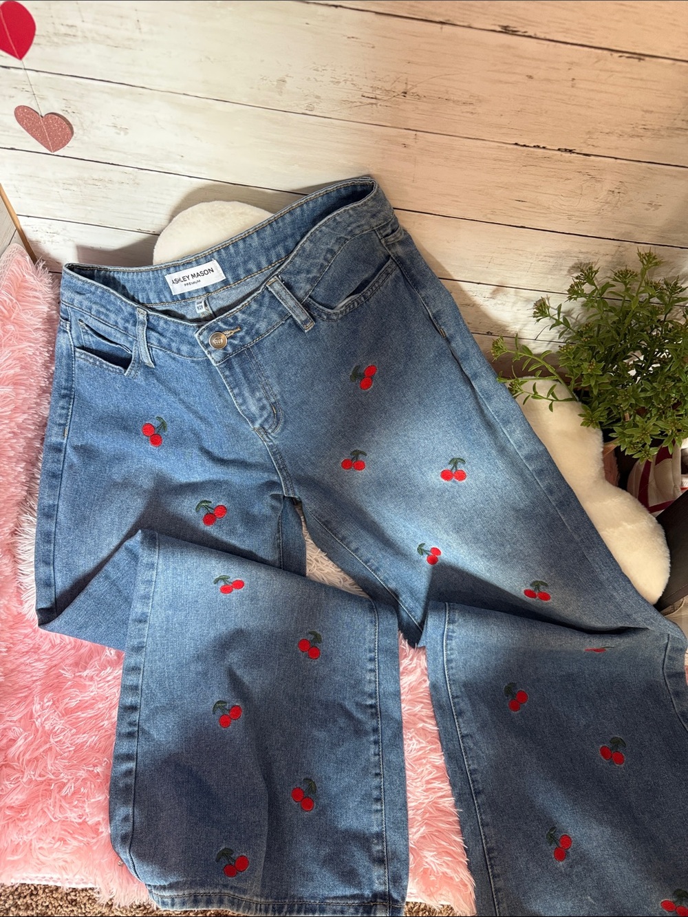Ashley Mason Blue High-Rise Jeans with Cherry Embroidery